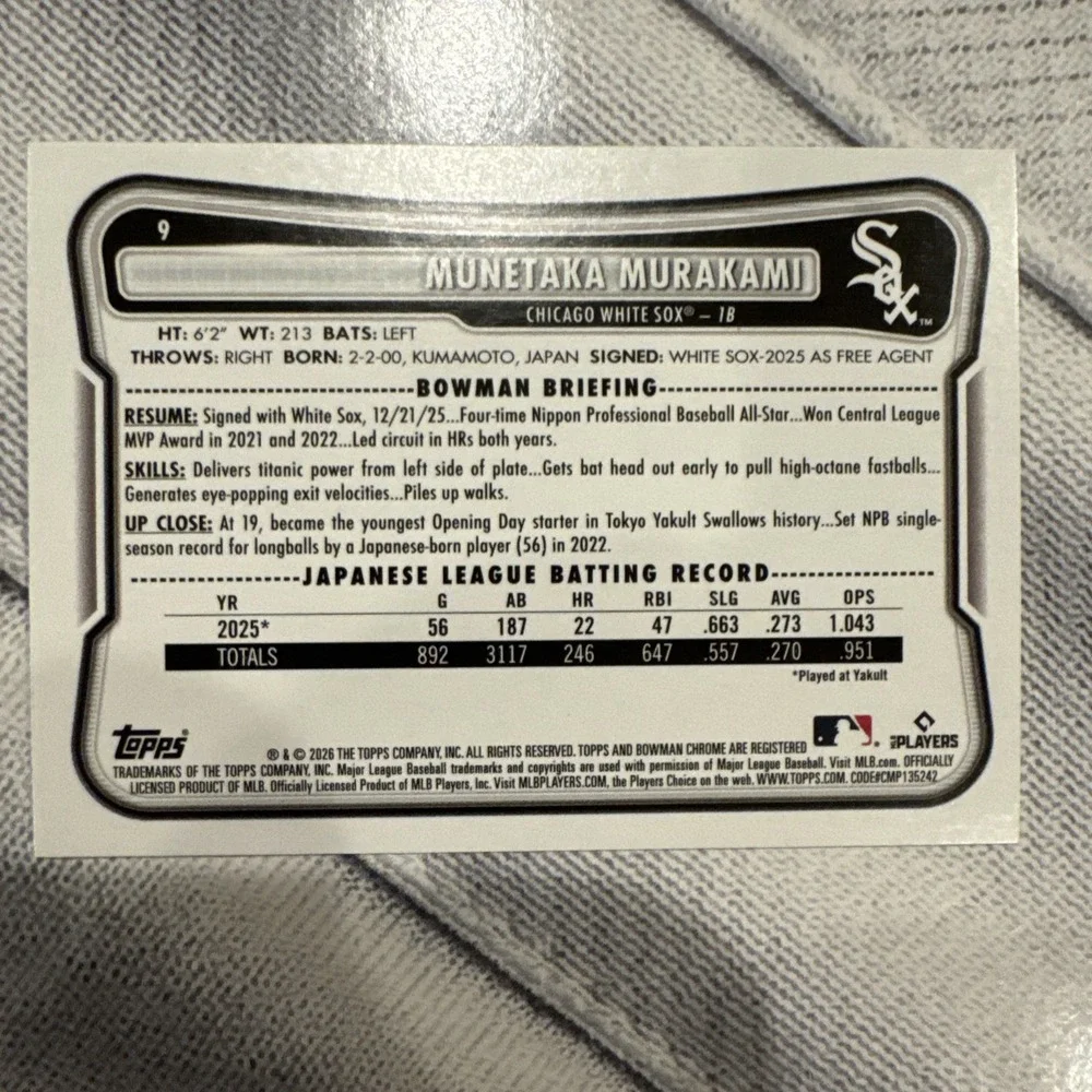 2025 Bowman Munetaka Murakami RC #9 Green /399 Chicago White Sox